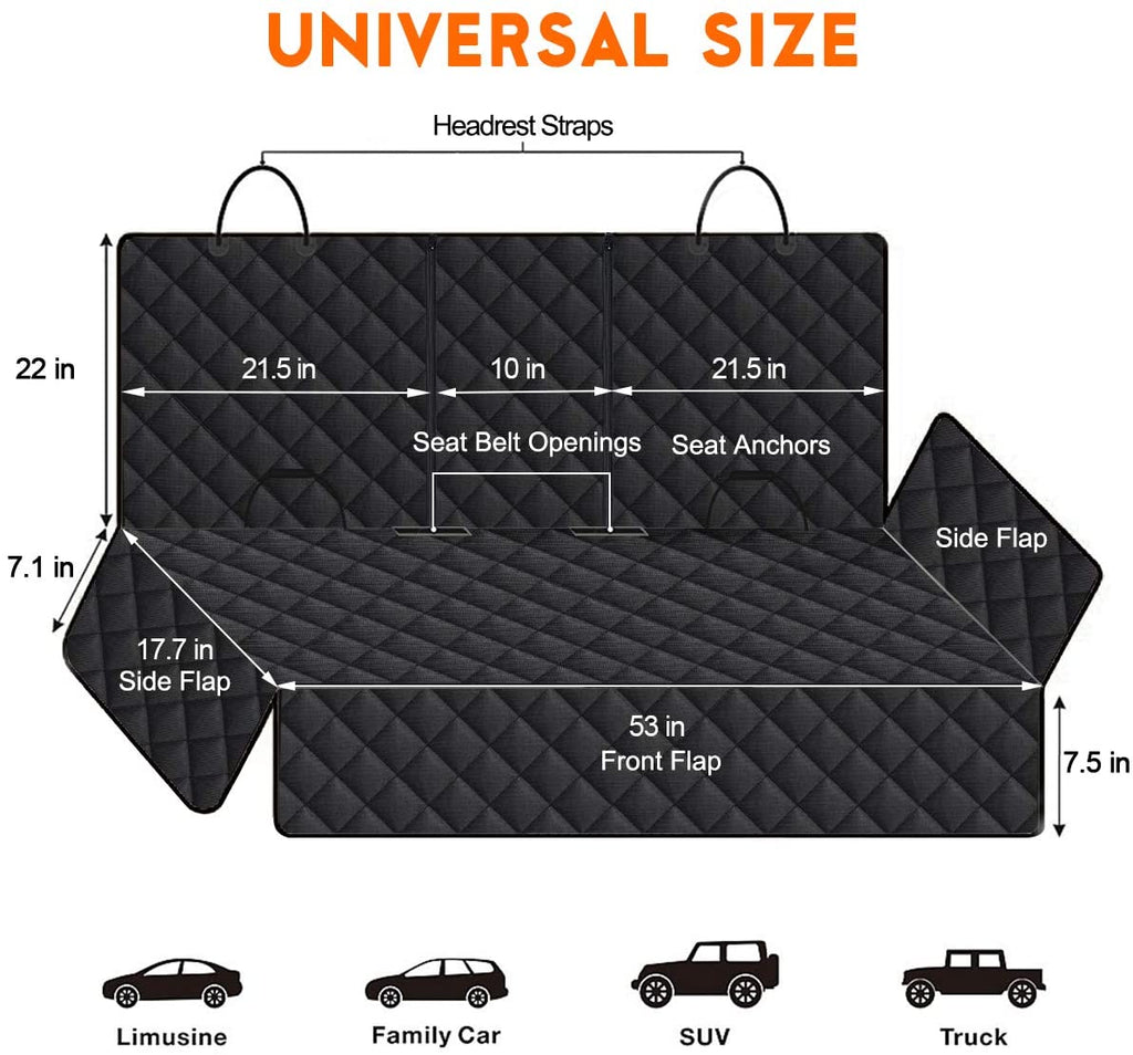 Waterproof Dog Car Seat Cover - Non-Slip Back Seat Protector for Cars, Trucks & SUVs - Fits Middle Armrest - Black